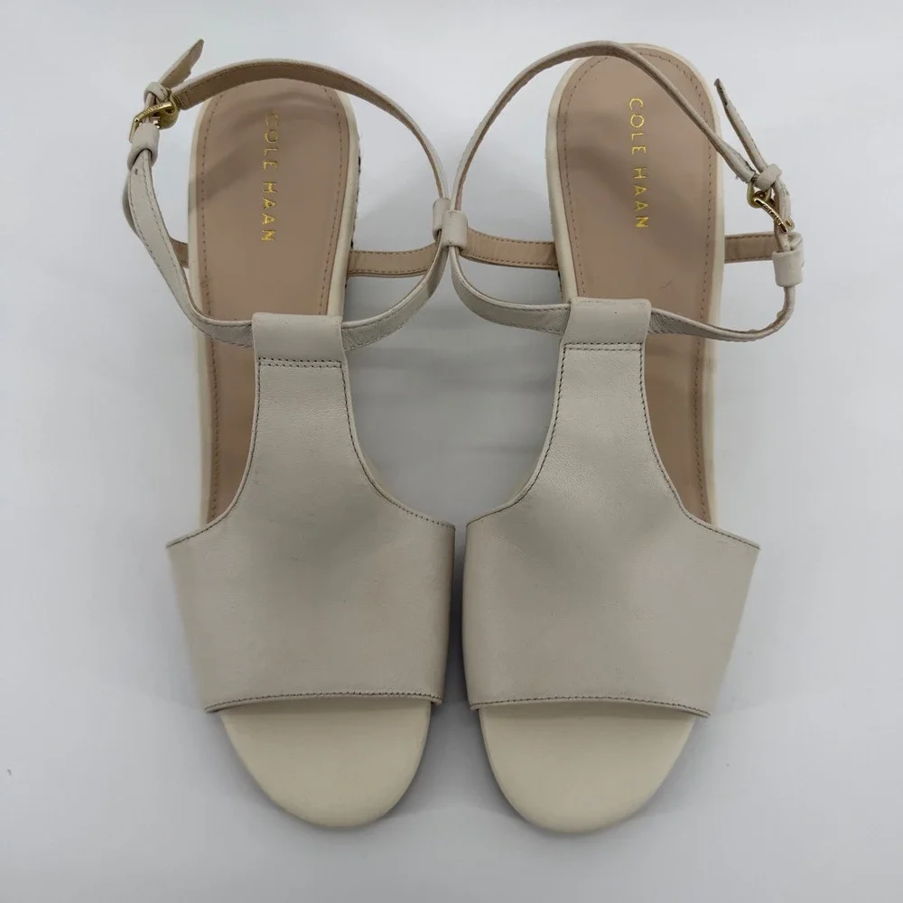 Cole Haan Maddie Ivory Leather T-Strap Woven Wedge Sandals W14877‎ Womens 9.5B